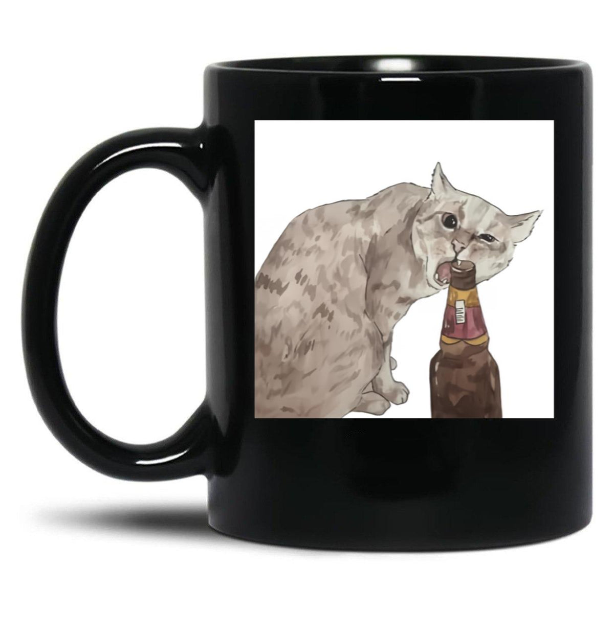 Cat Opening Beer Bottle Meme Black Coffee Mug, Gift Coffee Mug