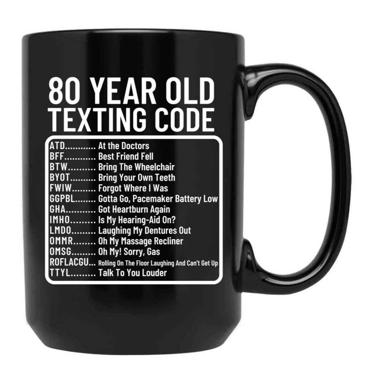 Funny 80 Year Old Texting Code Birthday Black Coffee Mug, Gift Coffee Mug