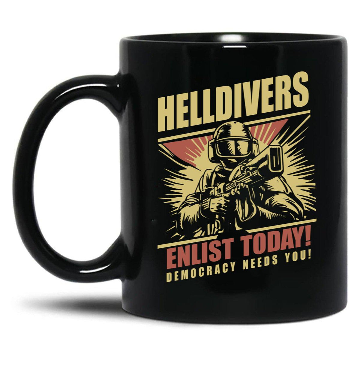 Helldivers 2 Enlistment Tee - Join The Fight for Democracy Black Coffee Mug, Gift Coffee Mug