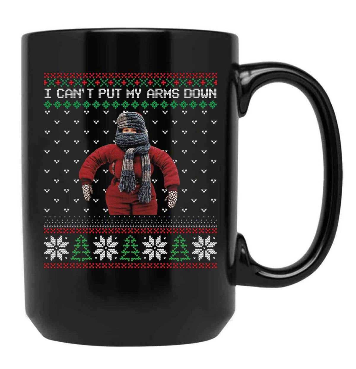 I Cant Put My Arms Down Ugly Christmas Black Coffee Mug, Gift Coffee Mug